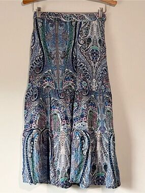 T Tahari Boho Multicolor Paisley Tiered Maxi Skirt in Blue, Teal and Pink
